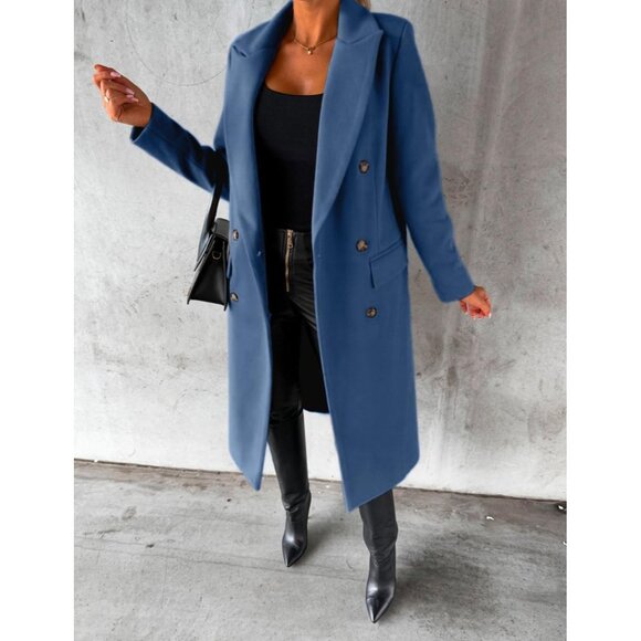 💫 Women Blue Long Wool Coat Double Breasted Fall Winter Clothes Trench Coat - Picture 3 of 4